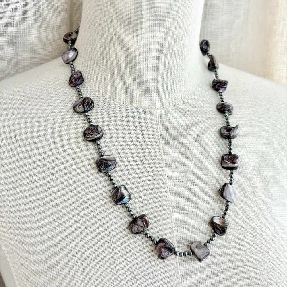 Baroque Pearl Hematite‎ Necklace Sterling Silver 22" Vintage Black Iridescent